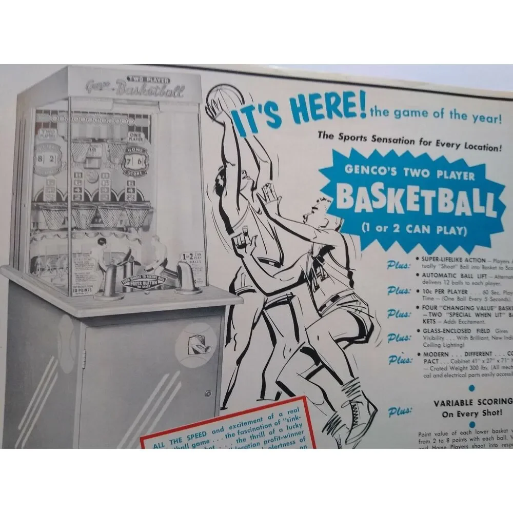 Two Player Basketball Arcade Flyer Genco Original 1954 Manikins Game Artwork